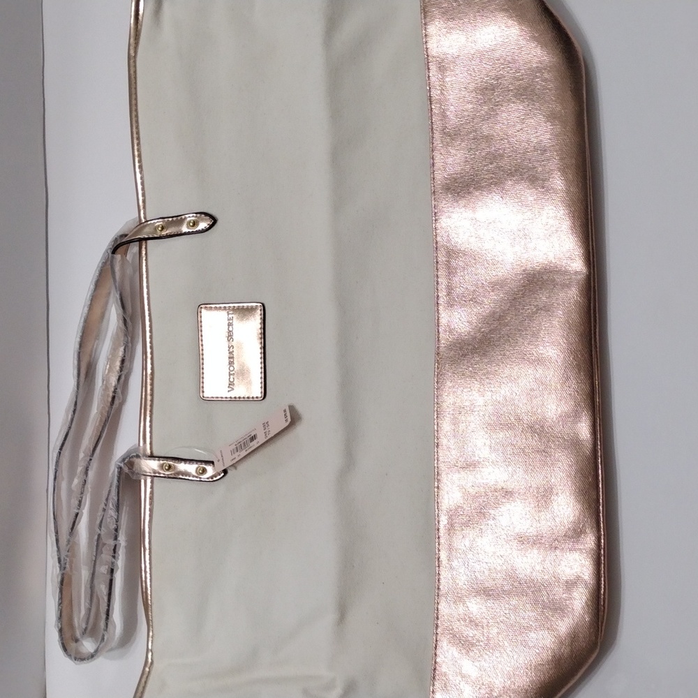 Victoria's Secret Metallic Pink White Canvas Tote Bag